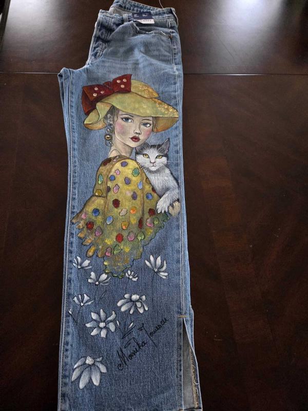 Girl with a Cat Hand Painted Jeans - Image 2