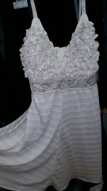 Custom champagne lace and ruffle dress made for a wedding by Calgary Seamstress