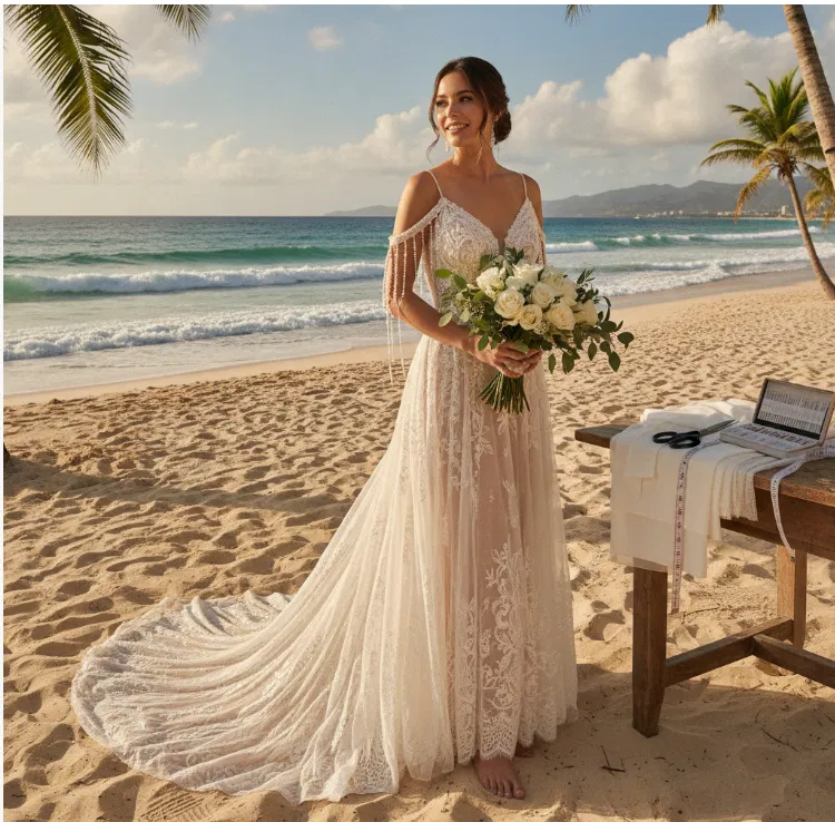 Bride in a lace wedding gown with cold-shoulder sleeves standing on a beach in Mexico, holding a bouquet