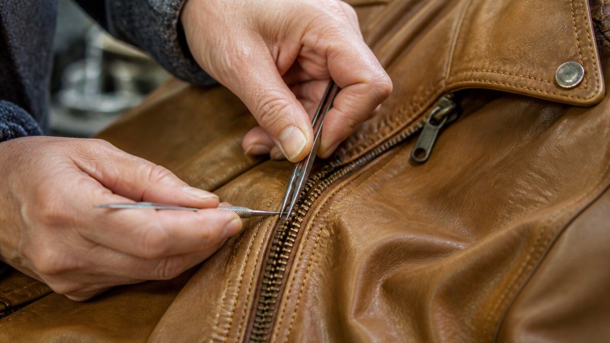 Close-up of hands carefully working on leather jacket zipper tracks with small tools, showing precise alignment adjustment on tan leather material