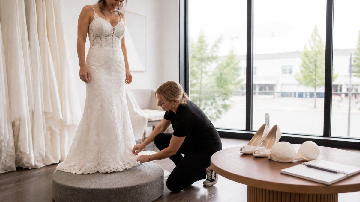 A bride standing on a fitting pedestal in a bright studio while a tailor pins the hem of her wedding dress, with a small table nearby holding shoes, a strapless bra, and a notebook