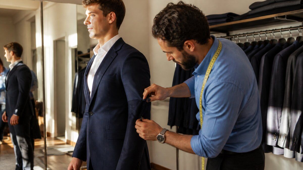 A tailor pinning the sleeve of a navy suit jacket on a client in a bright fitting room with full-length mirrors and garment racks along the wall