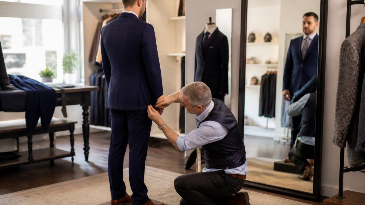 A tailor kneeling beside a client on a fitting pedestal, adjusting the hem of a suit jacket with pins while the client looks in a full-length mirror