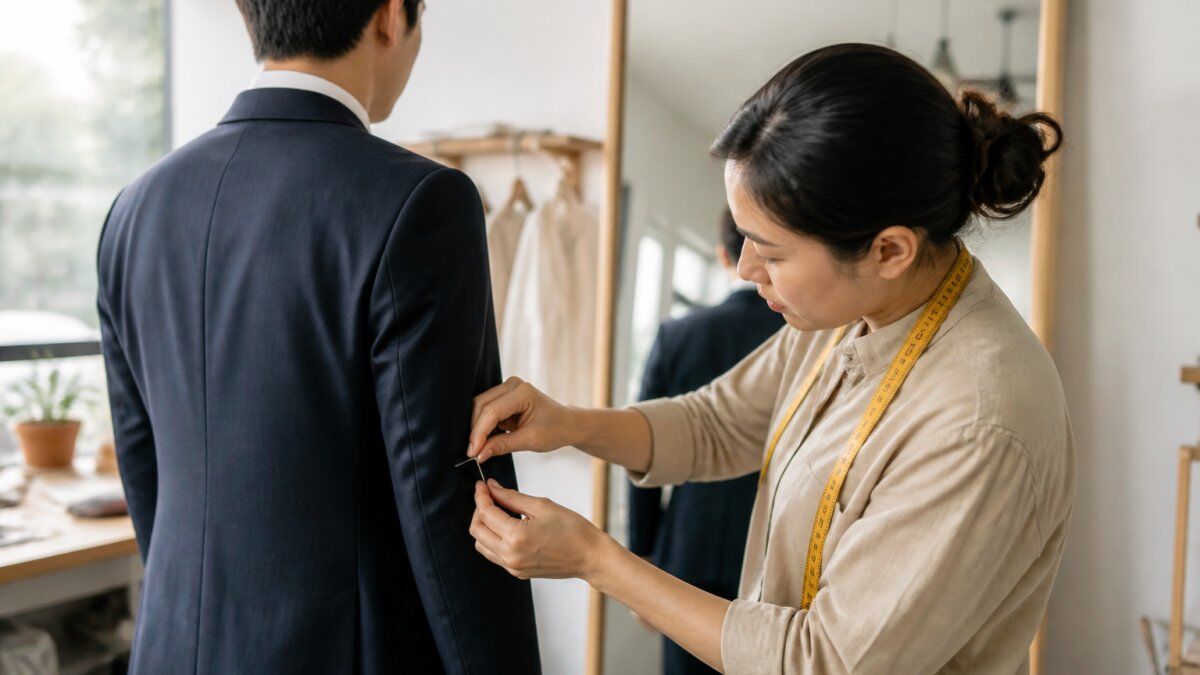 A tailor carefully pinning the sleeve of a suit jacket on a client standing in front of a fitting mirror in a bright workroom, with a measuring tape around the tailor's neck